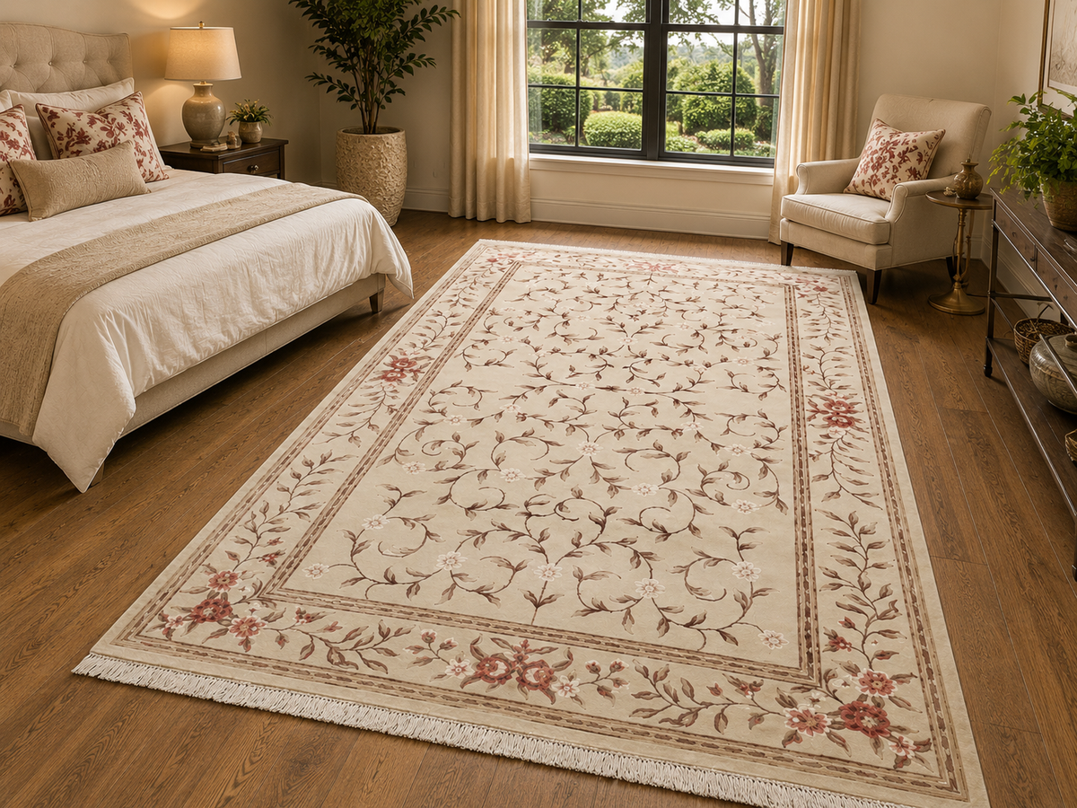 Hand-Knotted Zigler Rug – Ivory Wool & Silk, High-Low Pile – view 2
