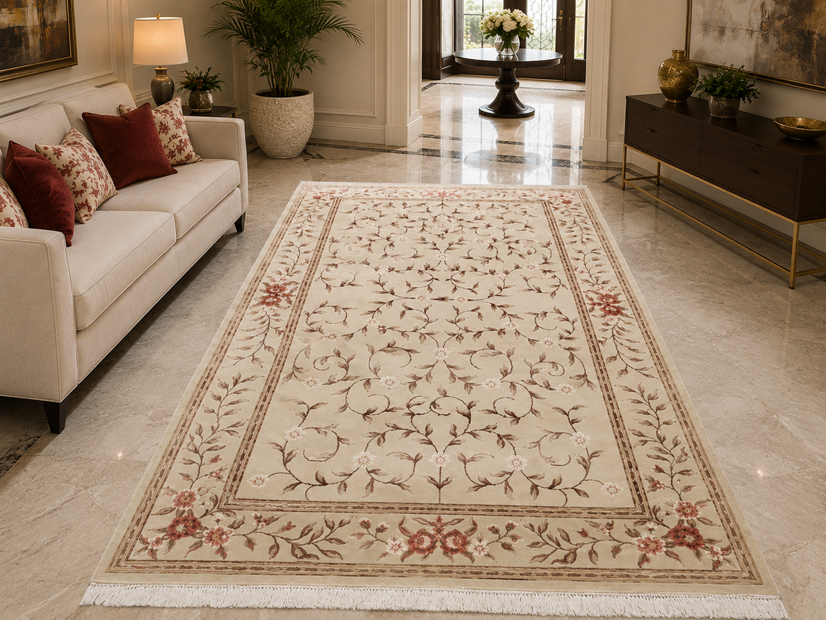Hand-Knotted Zigler Rug – Ivory Wool & Silk, High-Low Pile
