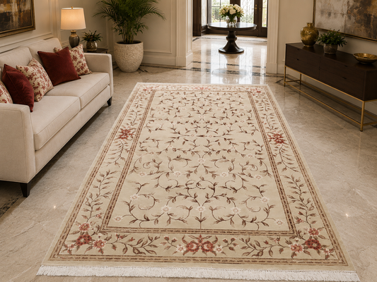 Hand-Knotted Zigler Rug – Ivory Wool & Silk, High-Low Pile