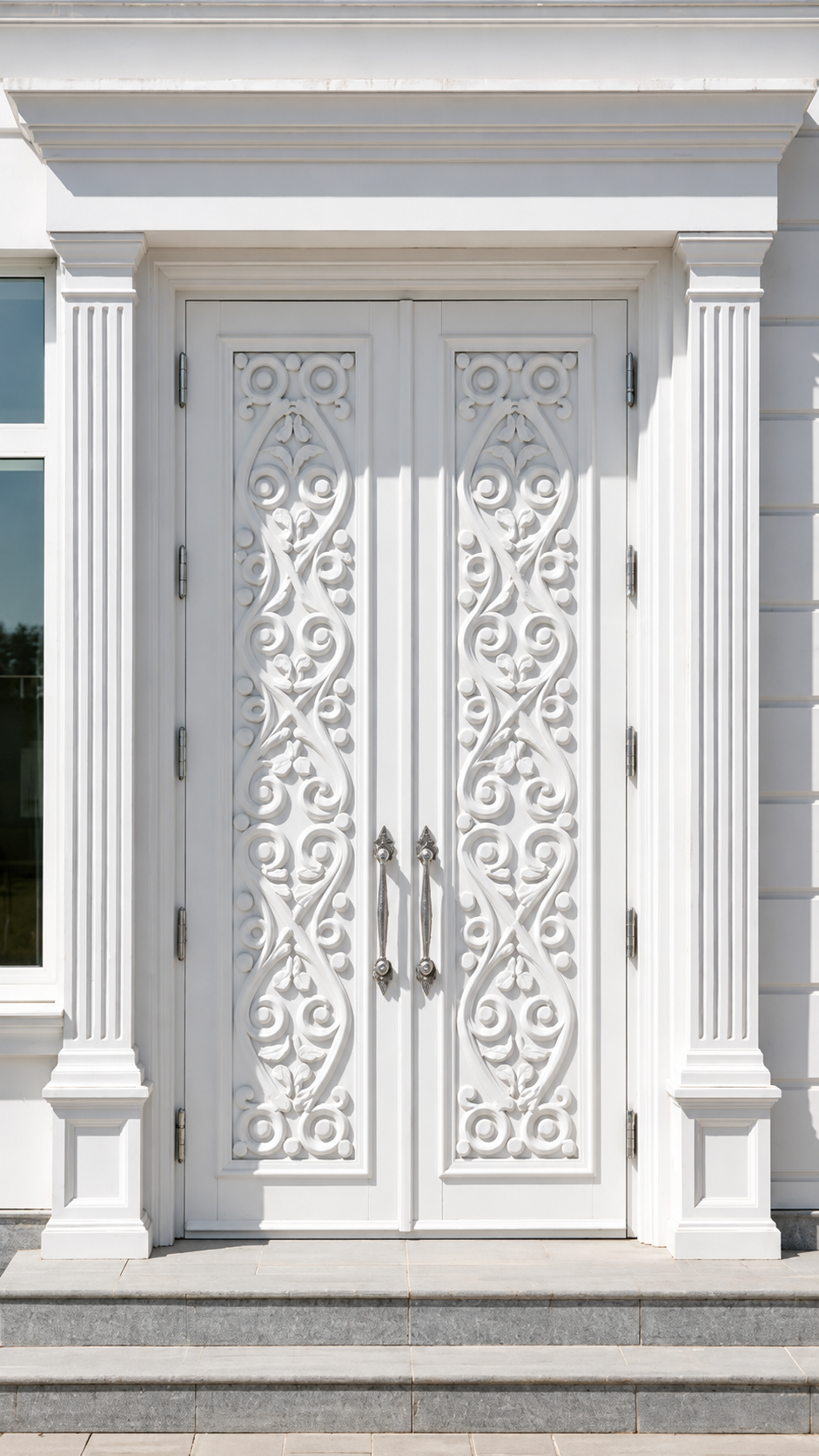 Luxury White Hand-Carved Double Entrance Door – Solid Wood