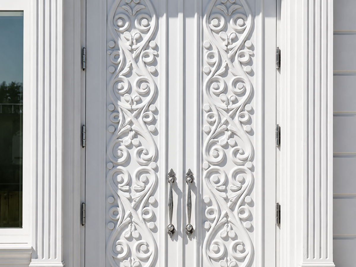 Luxury White Hand-Carved Double Entrance Door – Solid Wood – view 2