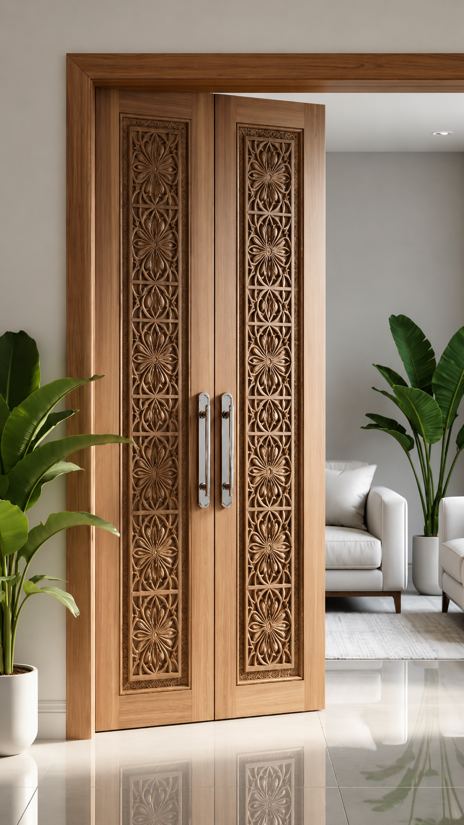 Solid Wood Hand-Carved Double Leaf Door – Intricate Floral Design