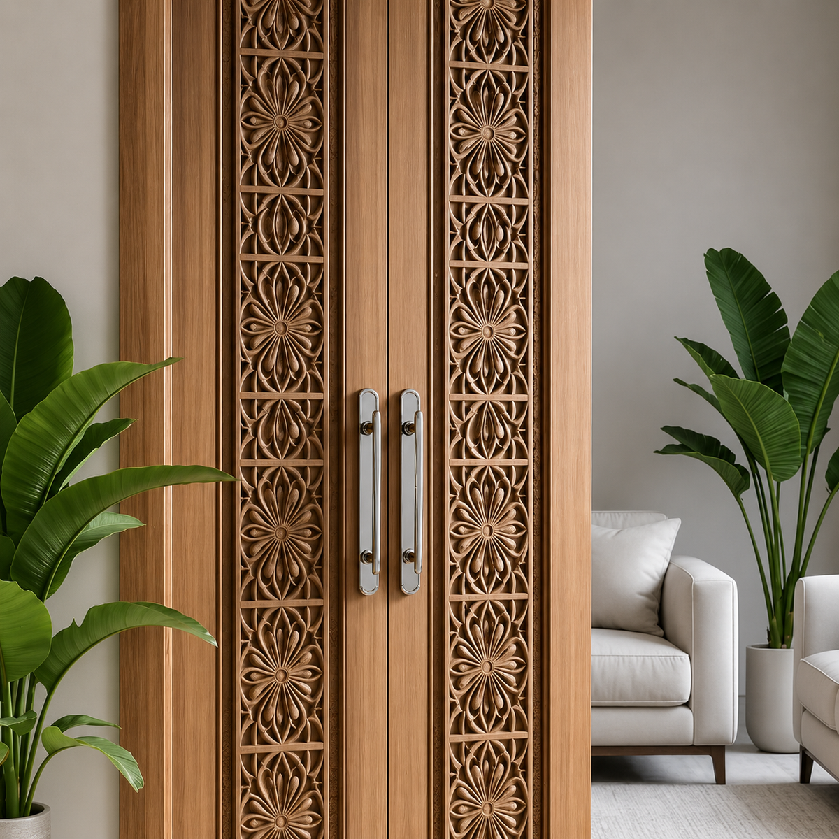 Solid Wood Hand-Carved Double Leaf Door – Intricate Floral Design – view 2