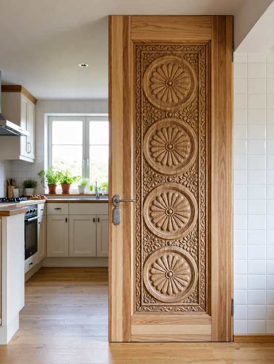 Solid Wood Hand-Carved Interior Door – Four Floral Rosette Medallions