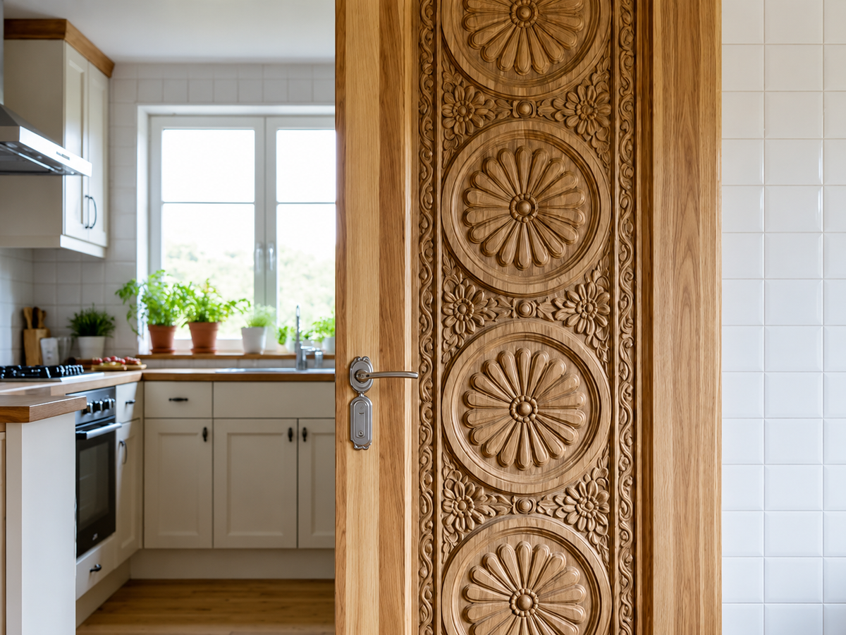 Solid Wood Hand-Carved Interior Door – Four Floral Rosette Medallions – view 2