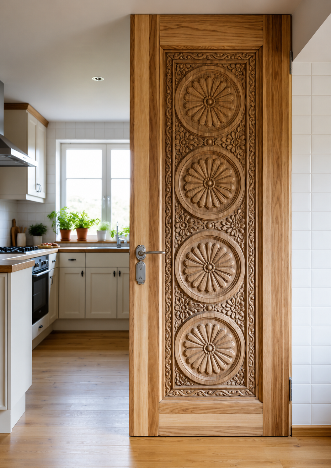 Solid Wood Hand-Carved Interior Door – Four Floral Rosette Medallions – view 3