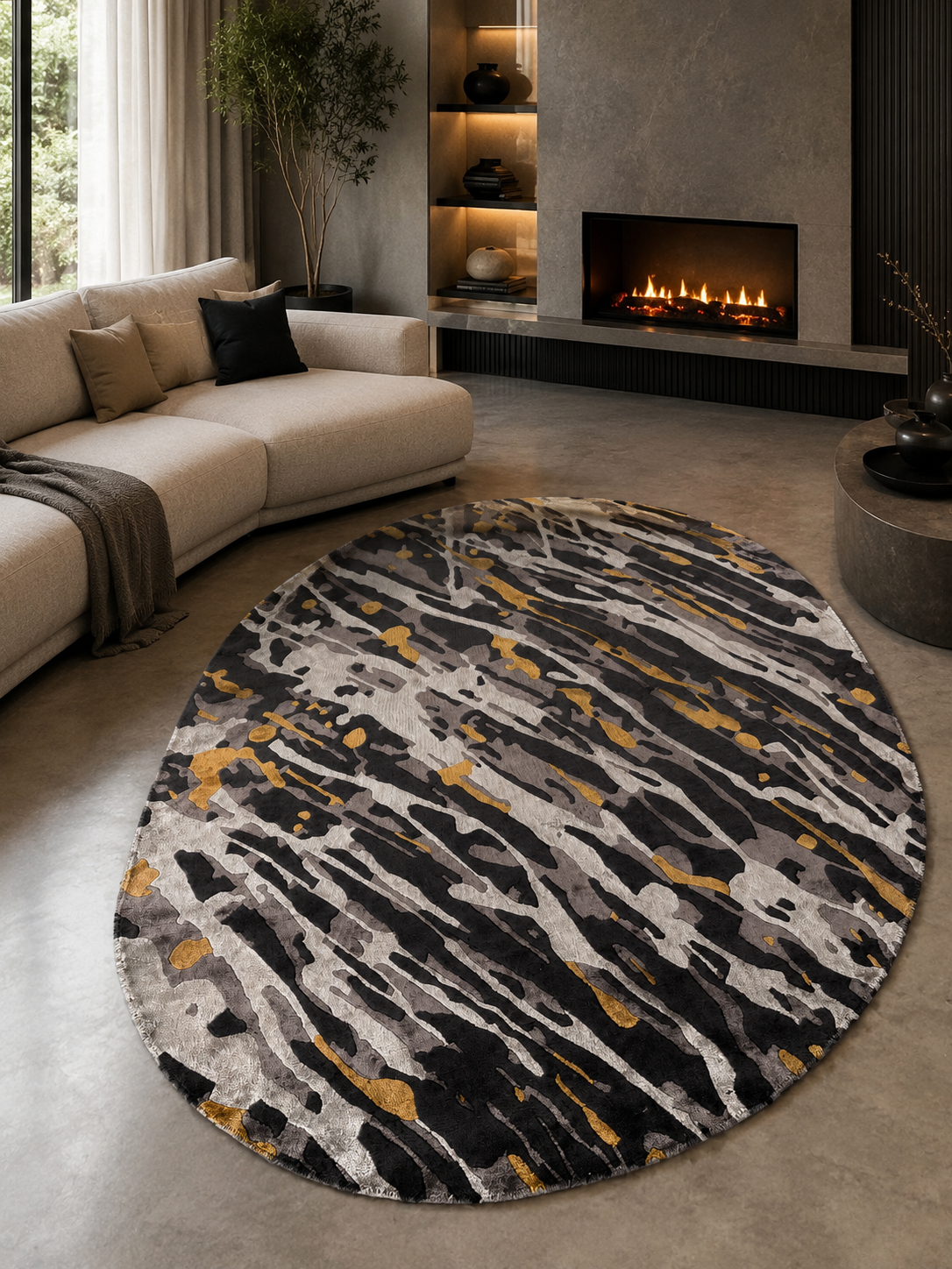 Hand-Knotted Abstract Oval Rug – Black & Gold Wool & Silk, High-Low Pile – view 3