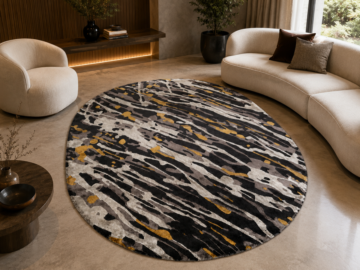 Hand-Knotted Abstract Oval Rug – Black & Gold Wool & Silk, High-Low Pile – view 2