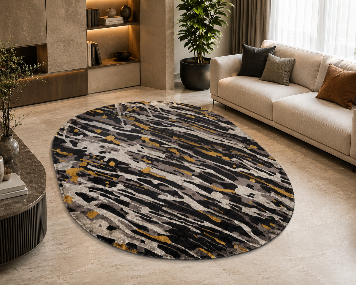 Hand-Knotted Abstract Oval Rug – Black & Gold Wool & Silk, High-Low Pile
