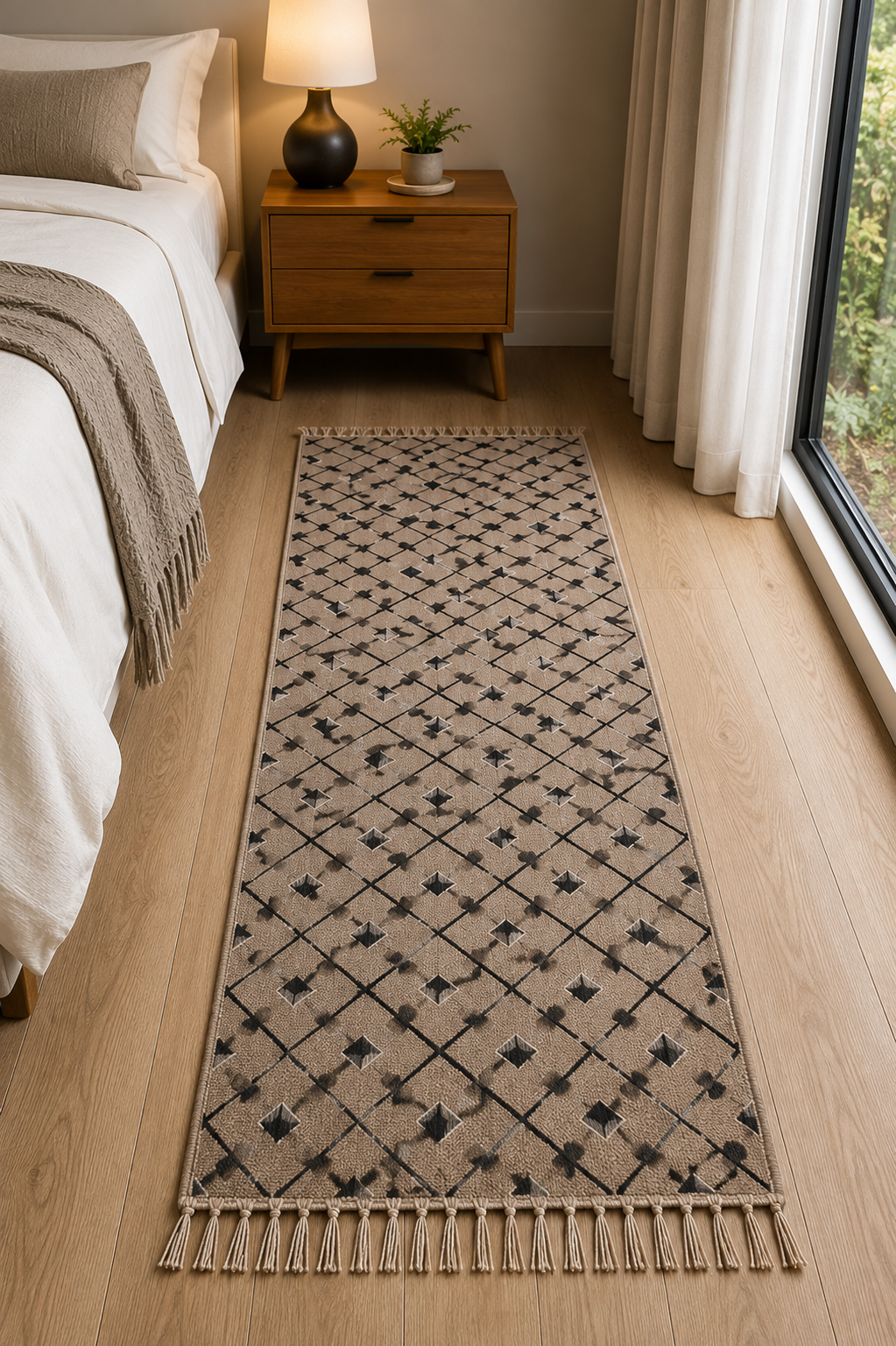 Hand-Knotted Diamond Pattern Rug – Multi-Color Wool & Cotton, Flat Pile