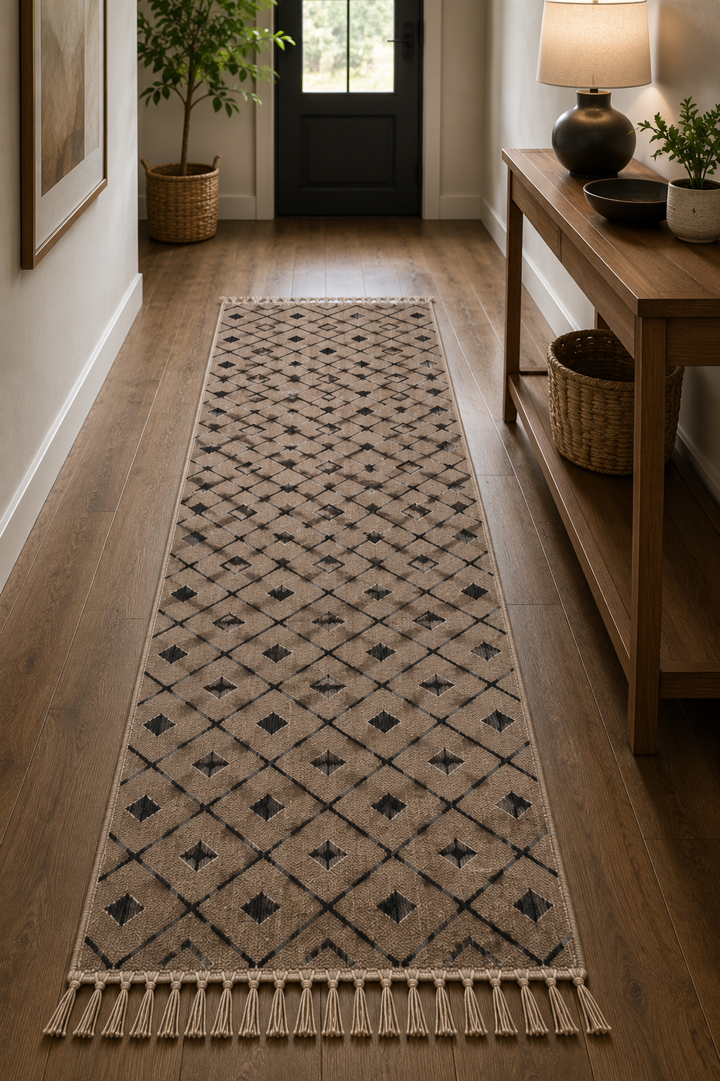 Hand-Knotted Diamond Pattern Rug – Multi-Color Wool & Cotton, Flat Pile – view 2