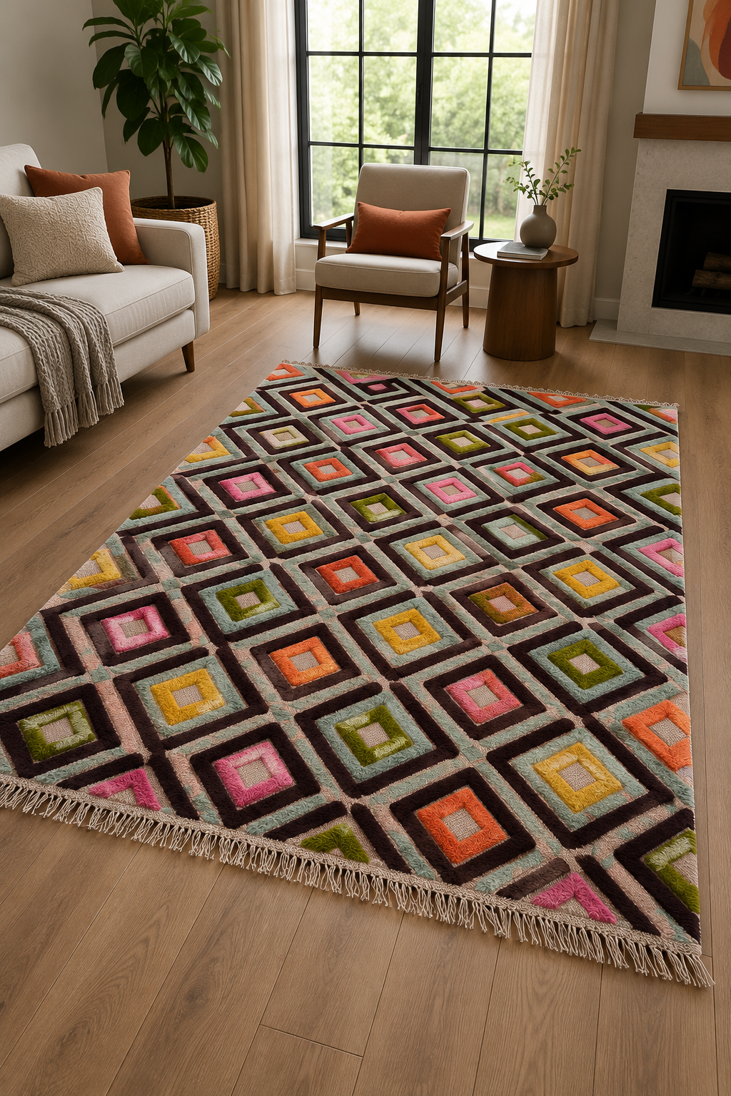 Tibetan Hand-Knotted Moroccan Rug – Multi-Color Wool, High-Low Pile