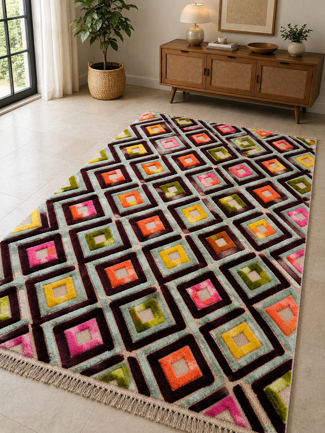 Tibetan Hand-Knotted Moroccan Rug – Multi-Color Wool, High-Low Pile – view 2