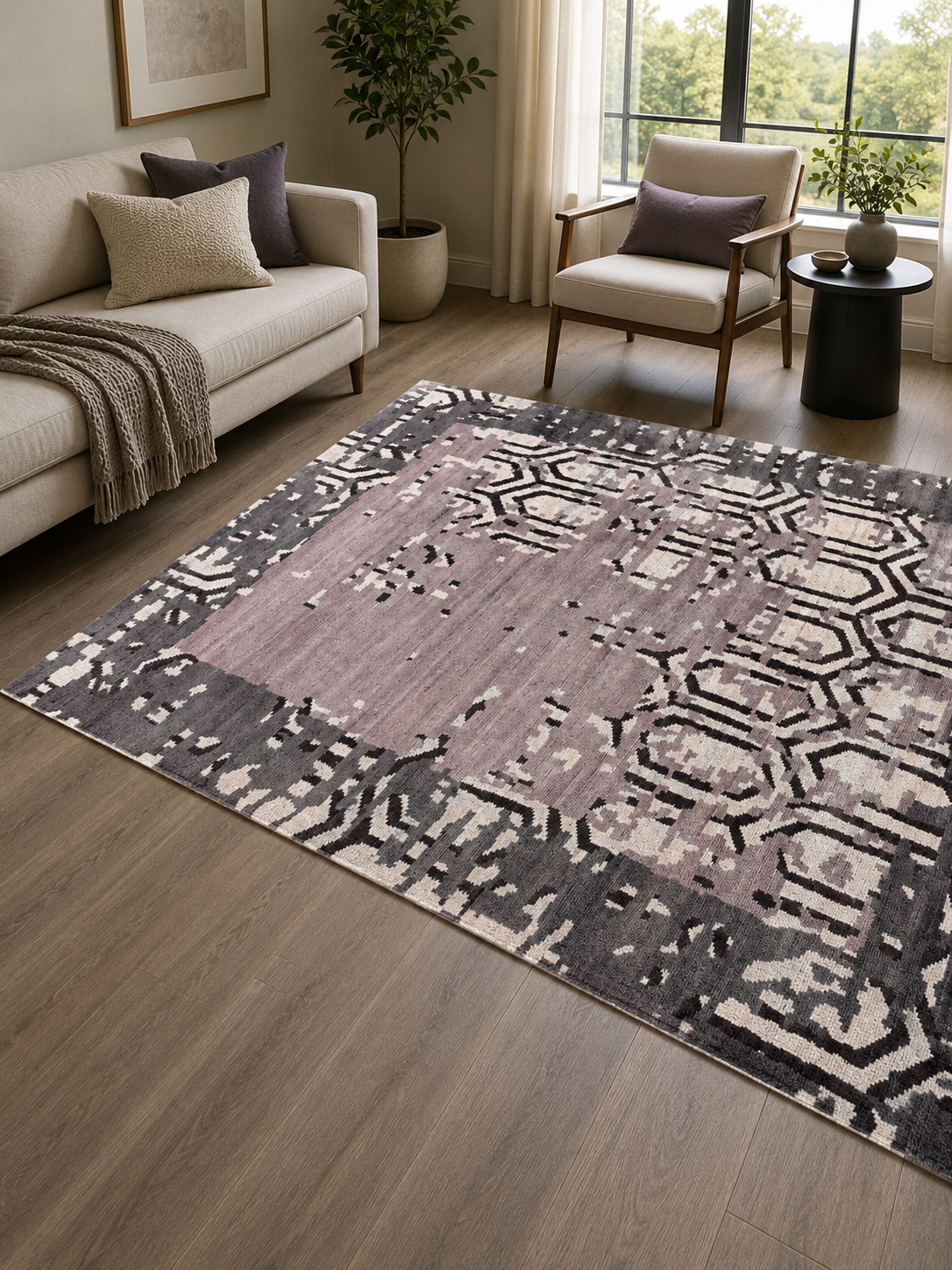 Hand-Knotted Modern Rug – Multi-Color Wool & Silk, Cut Pile