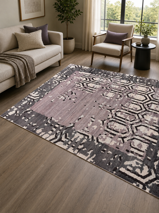Hand-Knotted Modern Rug – Multi-Color Wool & Silk, Cut Pile