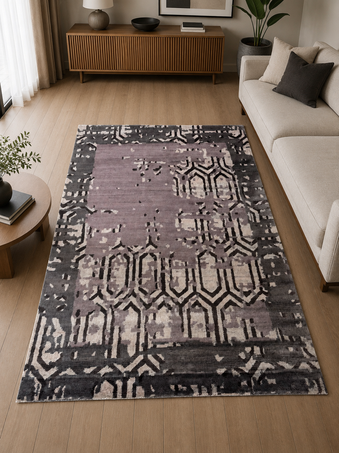 Hand-Knotted Modern Rug – Multi-Color Wool & Silk, Cut Pile – view 2