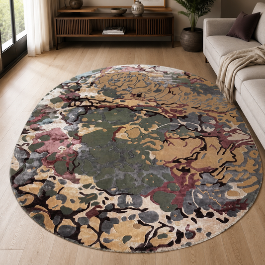 Hand-Knotted Abstract Oval Rug – Multi-Color Wool & Silk, Cut Pile
