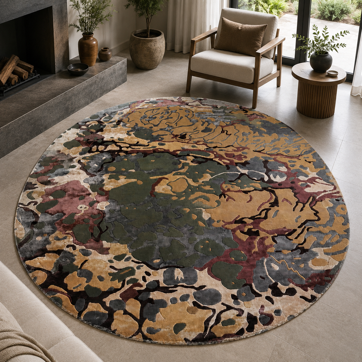 Hand-Knotted Abstract Oval Rug – Multi-Color Wool & Silk, Cut Pile – view 2