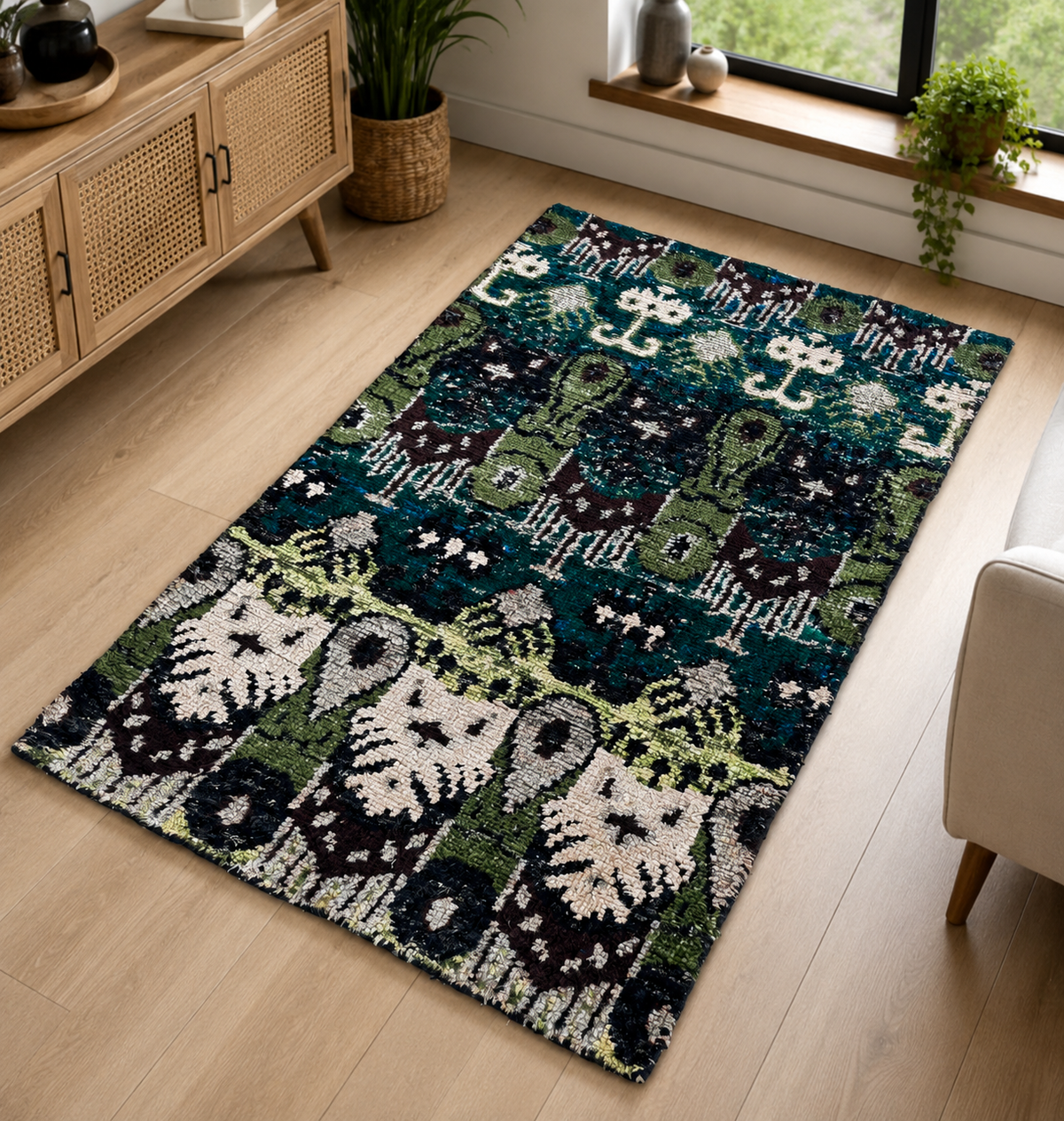 Hand-Knotted Abstract Sari Silk Rug – Multi-Color Recycled Silk, Cut Pile – view 2
