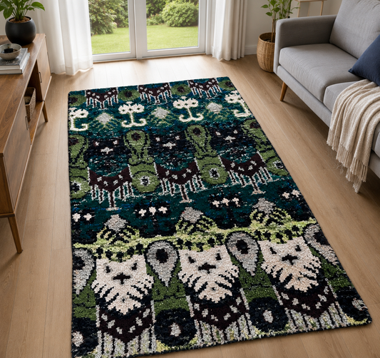Hand-Knotted Abstract Sari Silk Rug – Multi-Color Recycled Silk, Cut Pile