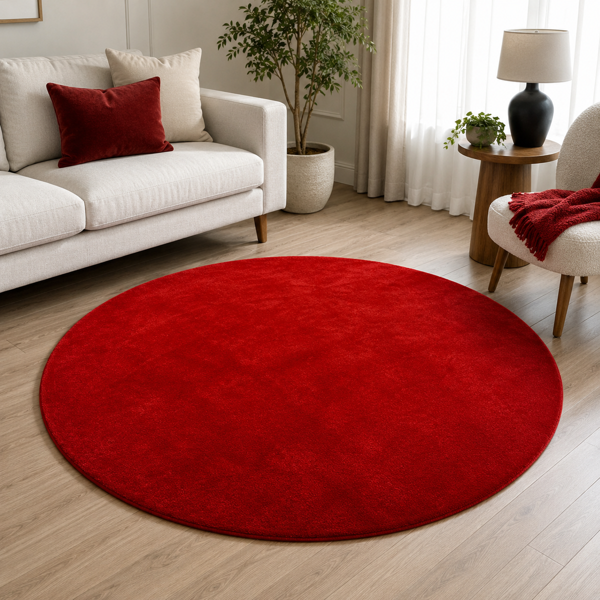 Hand-Tufted Plain Round Rug – Solid Red Wool, Cut Pile