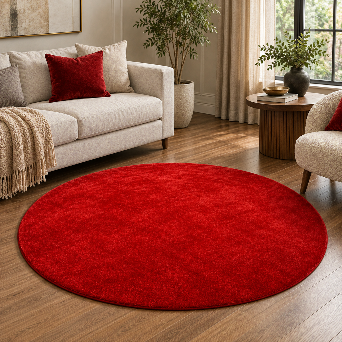 Hand-Tufted Plain Round Rug – Solid Red Wool, Cut Pile – view 2