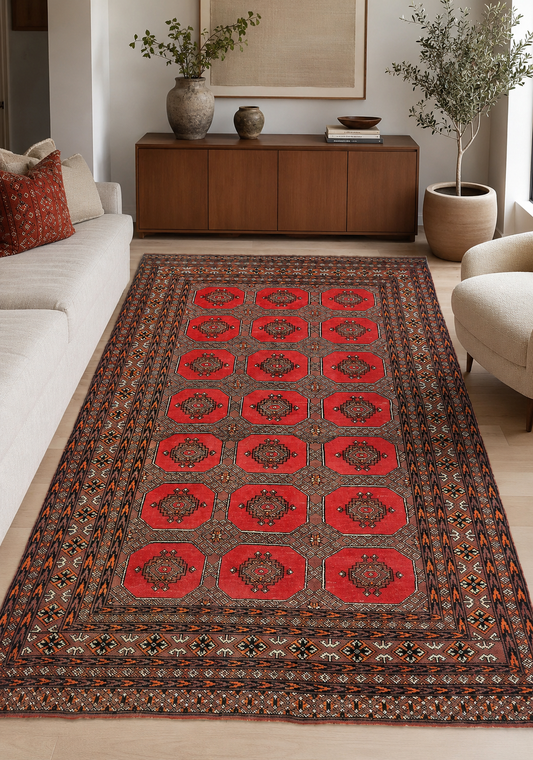 Hand-Knotted Bokhara Rug – Red Octagon Gul Pattern, Wool Cut Pile