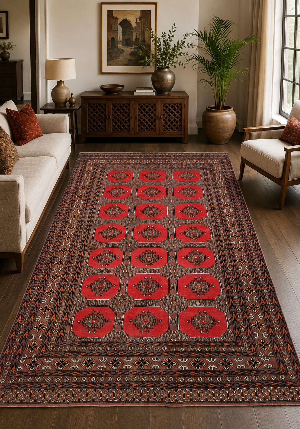Hand-Knotted Bokhara Rug – Red Octagon Gul Pattern, Wool Cut Pile – view 2