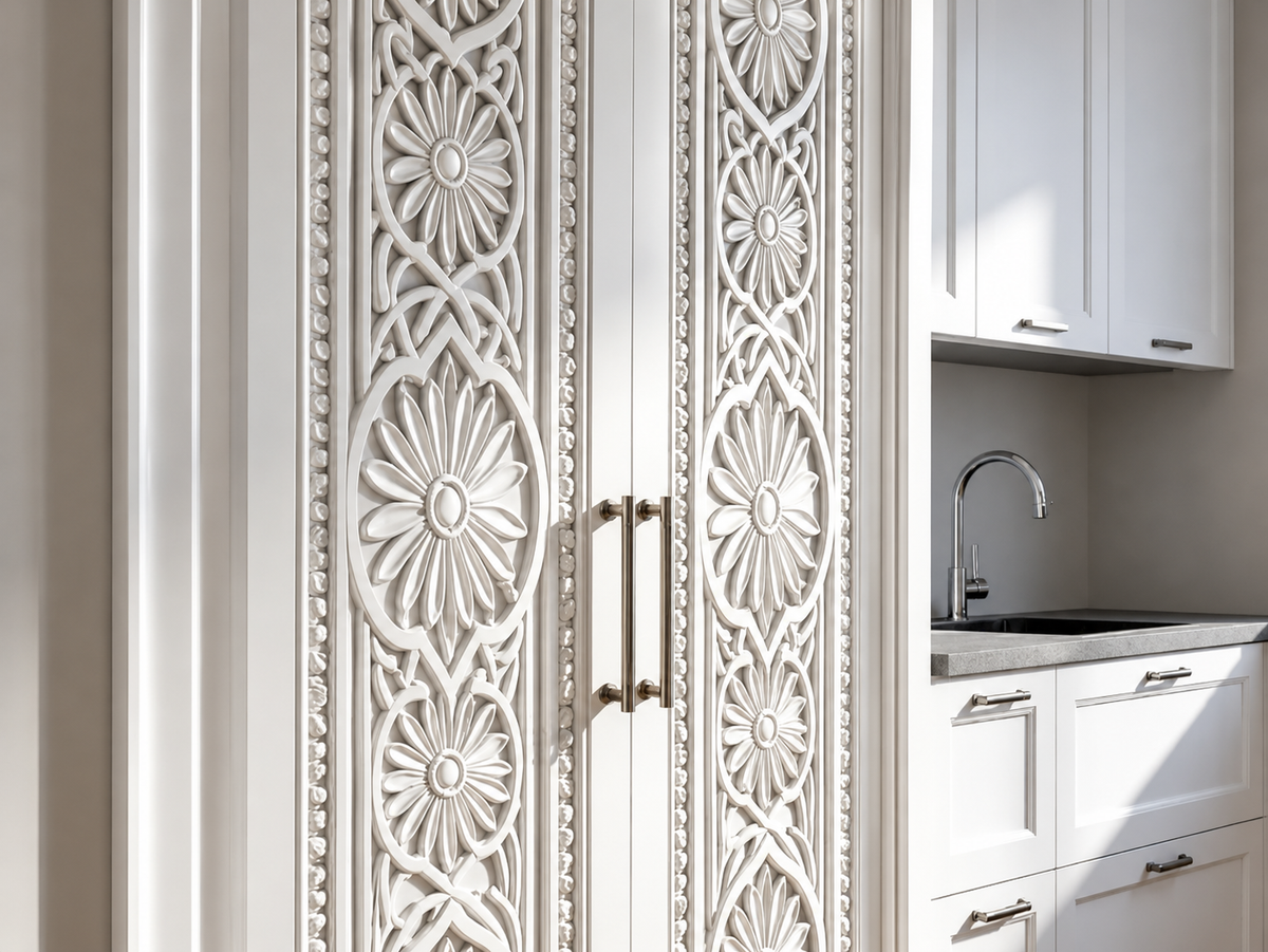 Solid Wood Hand-Carved Double Leaf Door – Decorative Floral Carving – view 2