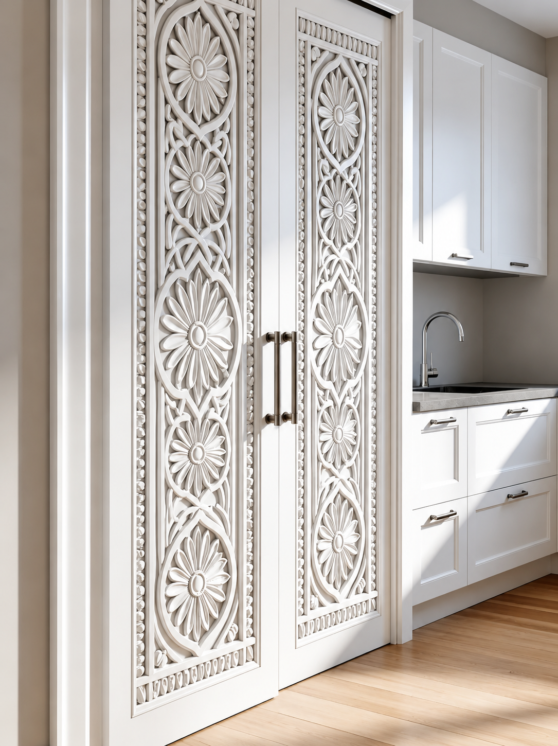 Solid Wood Hand-Carved Double Leaf Door – Decorative Floral Carving – view 3