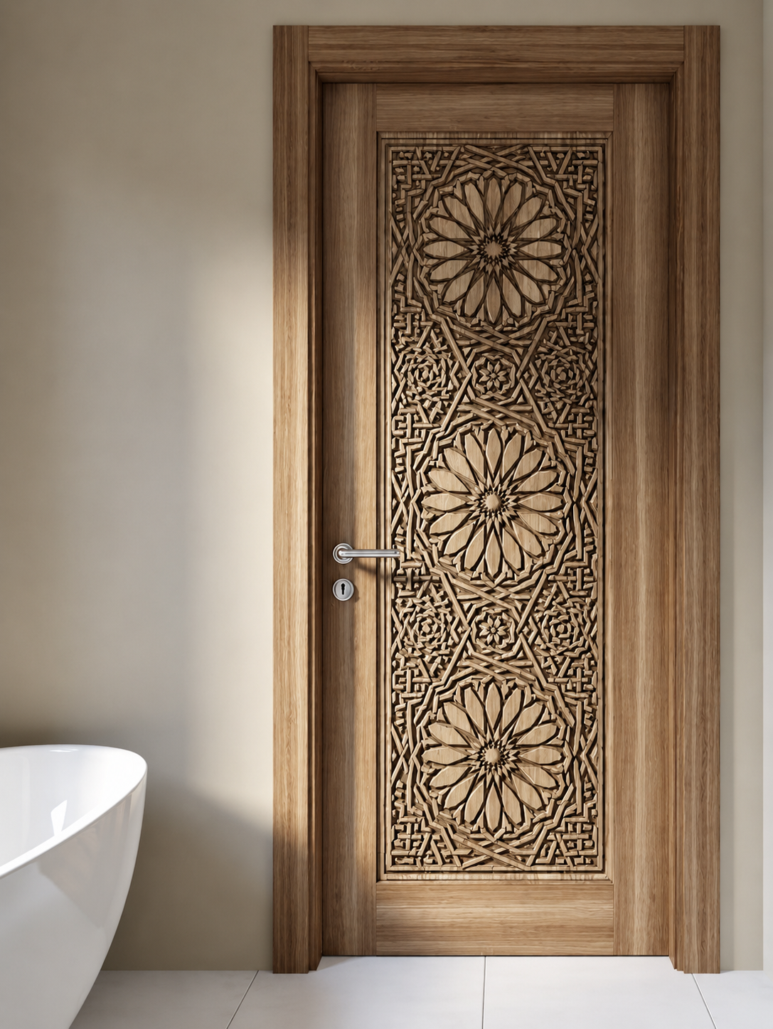 Solid Teak Hand-Carved Main Entrance Door – Floral Medallion & Vines