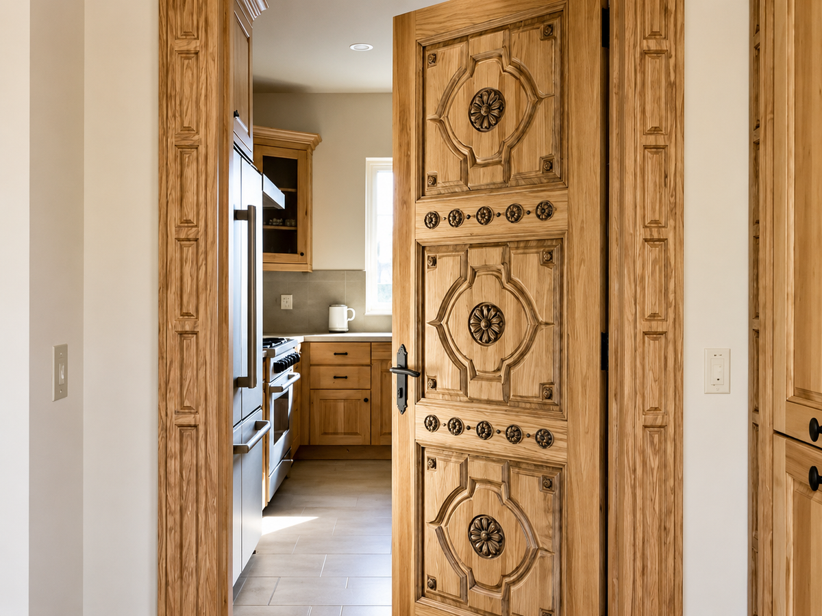Solid Teak Hand-Carved Door – Floral Medallions & Geometric Carving – view 2