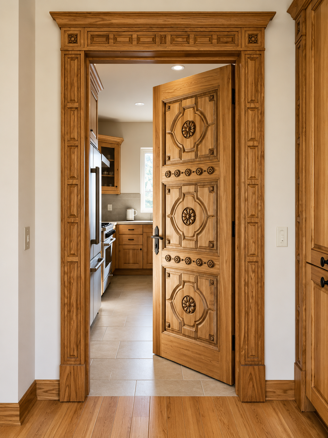 Solid Teak Hand-Carved Door – Floral Medallions & Geometric Carving