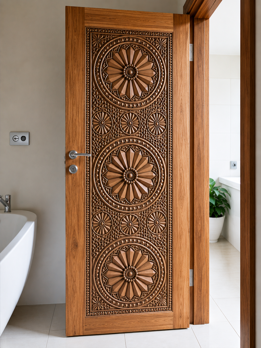 Solid Teak Hand-Carved Front Entry Door – Elegant Floral Medallions – view 2