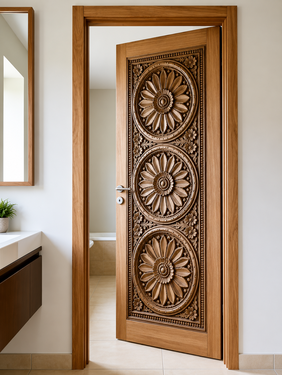 Traditional Solid Teak Hand-Carved Door – Floral Medallion Panel – view 2