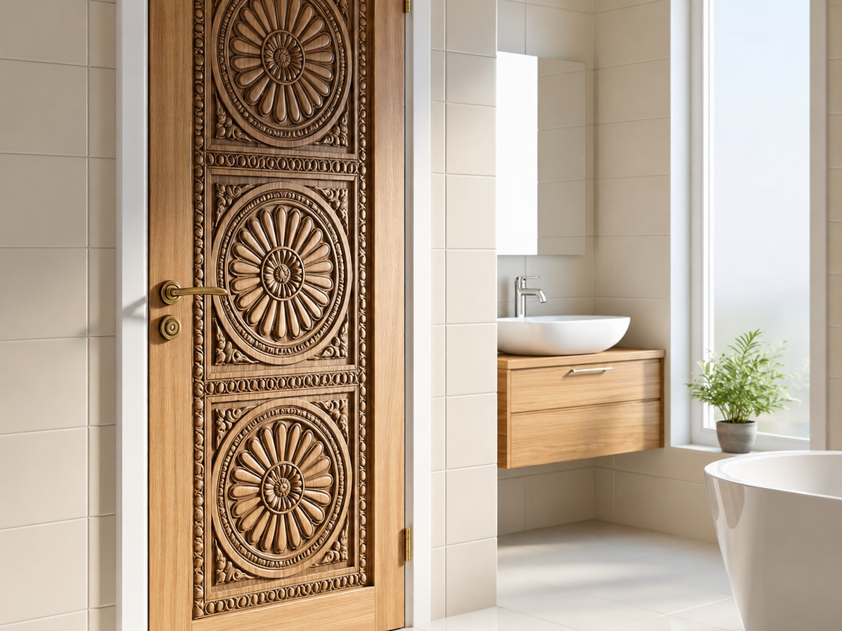 White Hand-Carved Double Door – Floral Medallion & Oval Panel Carving – view 2