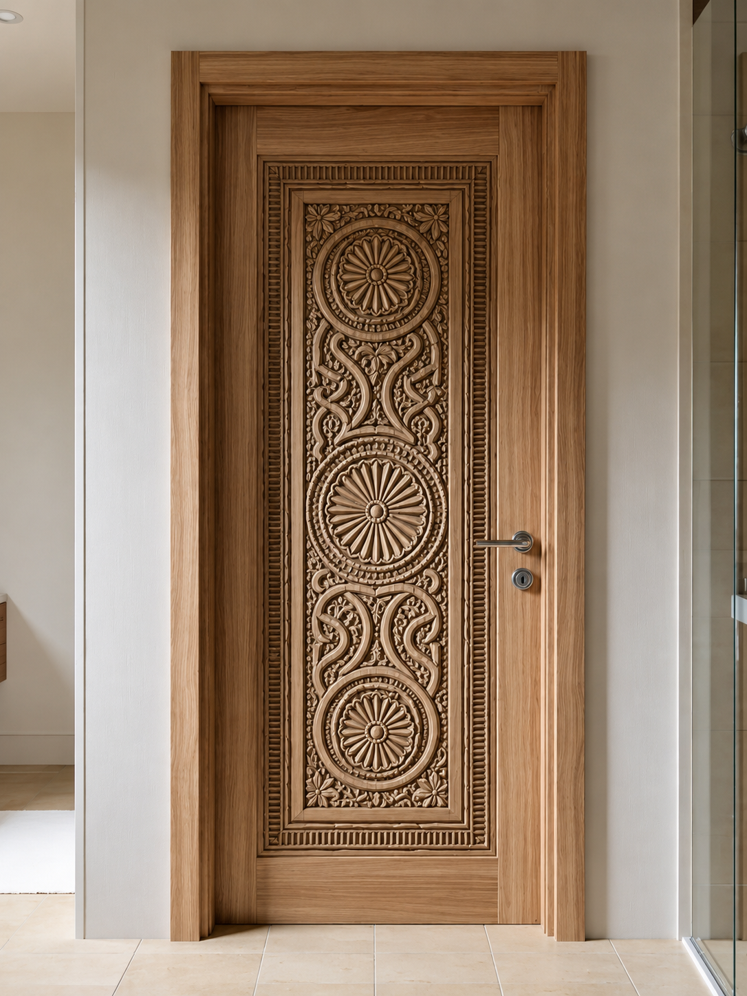 Traditional Hand-Carved Wooden Double Door – Floral Medallion Design
