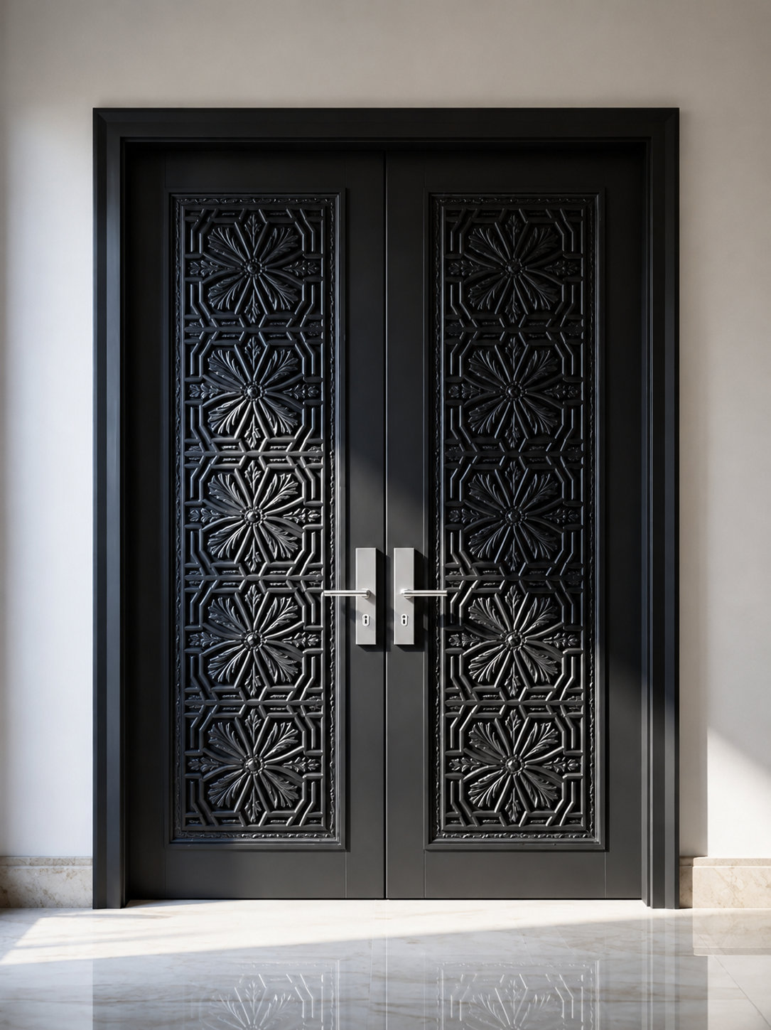 Natural Wood Hand-Carved Double Door – Floral Raised Panels