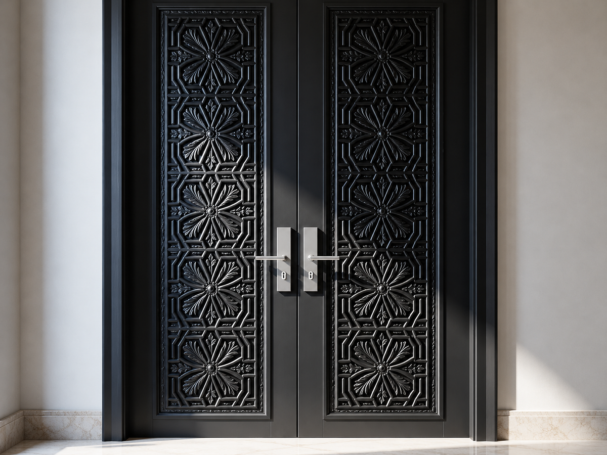 Natural Wood Hand-Carved Double Door – Floral Raised Panels – view 2