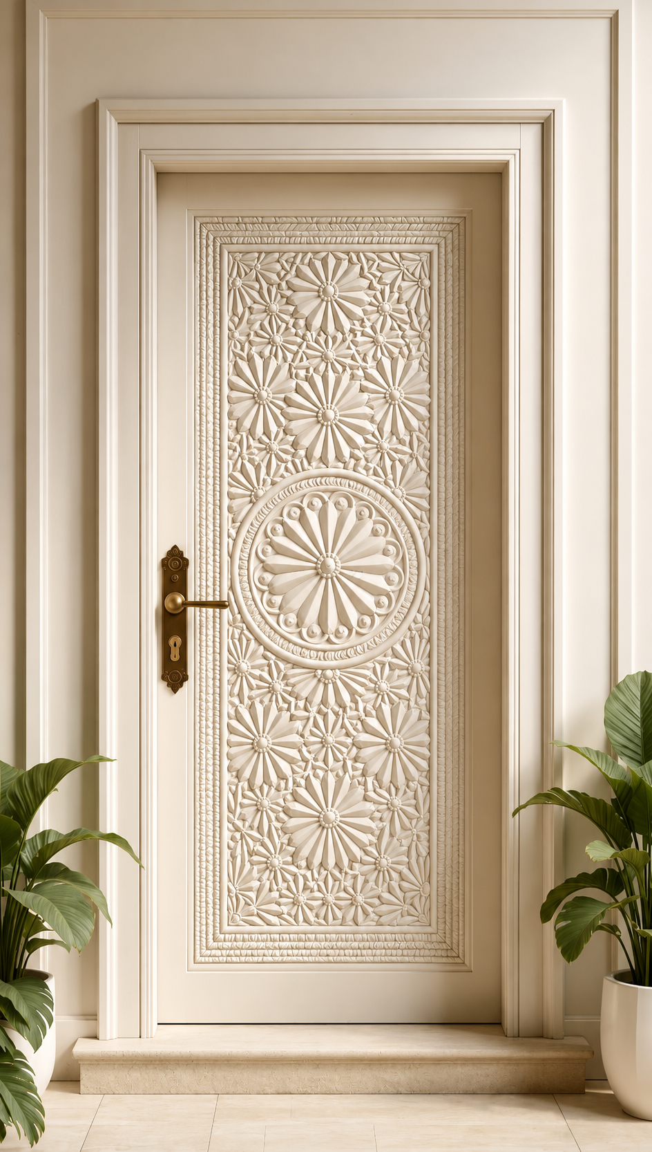 Natural Wood Hand-Carved Front Door – Elegant Floral Pattern