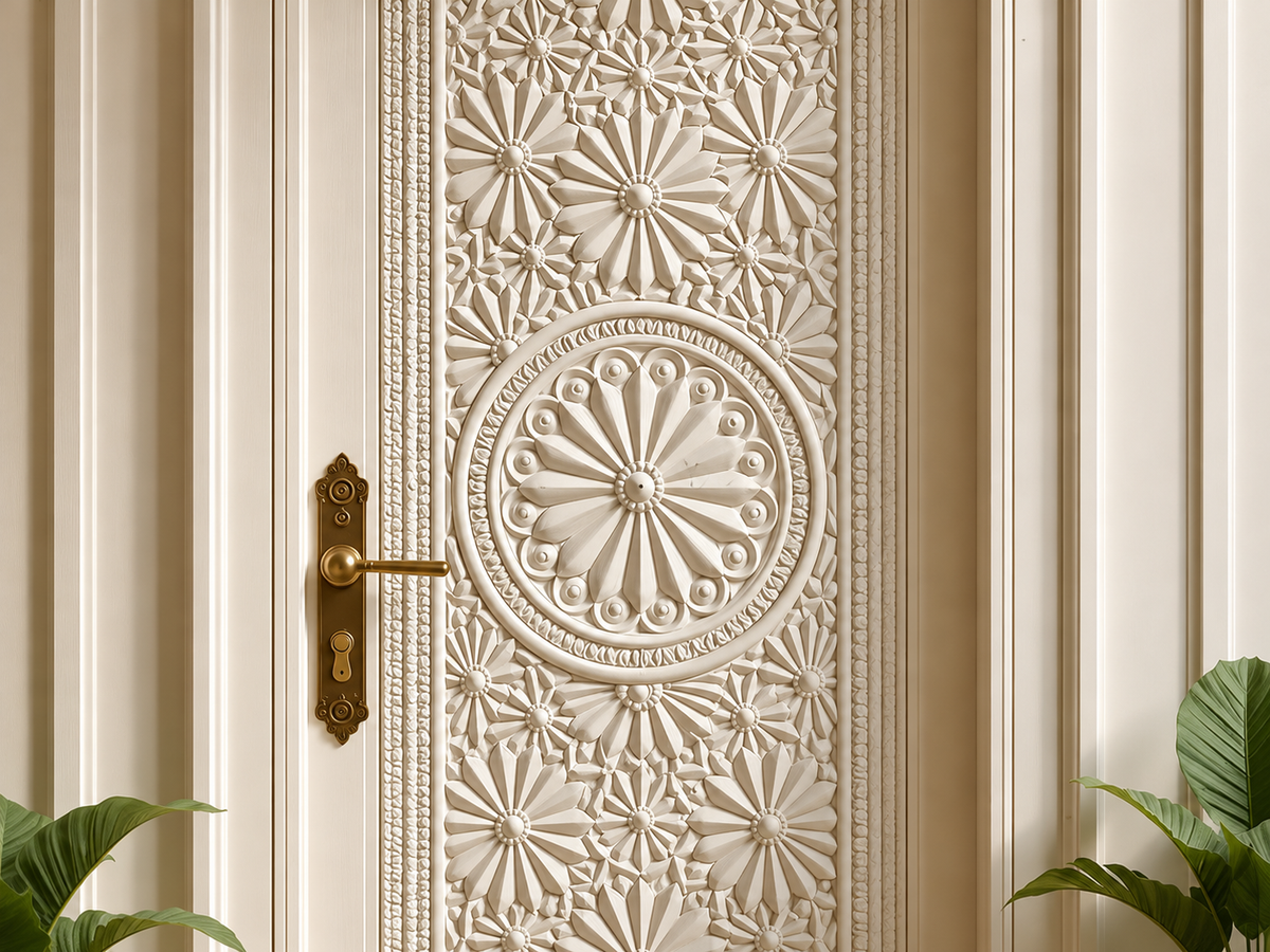 Natural Wood Hand-Carved Front Door – Elegant Floral Pattern – view 2