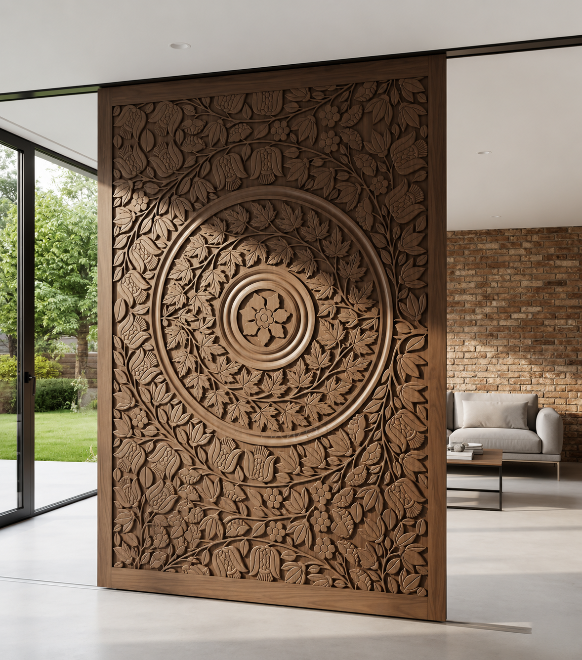 Designer Solid Wood Hand-Carved Sliding Door – Decorative Floral Panel Work – view 2