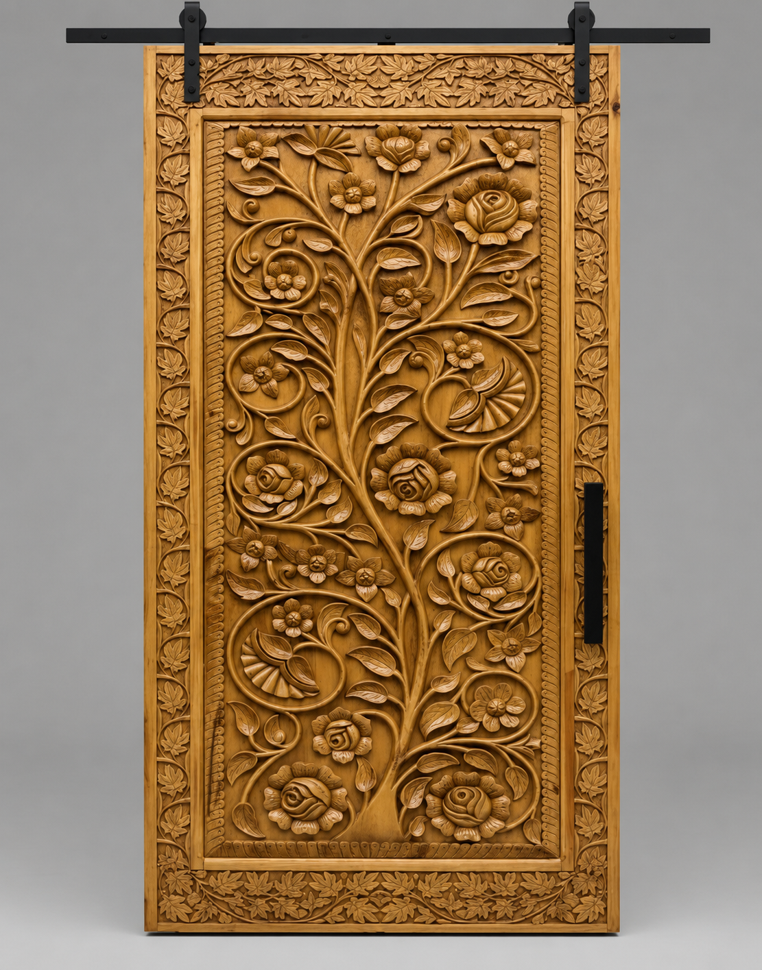 Natural Wood Hand-Carved Room Divider Sliding Door – Floral Carving – view 2