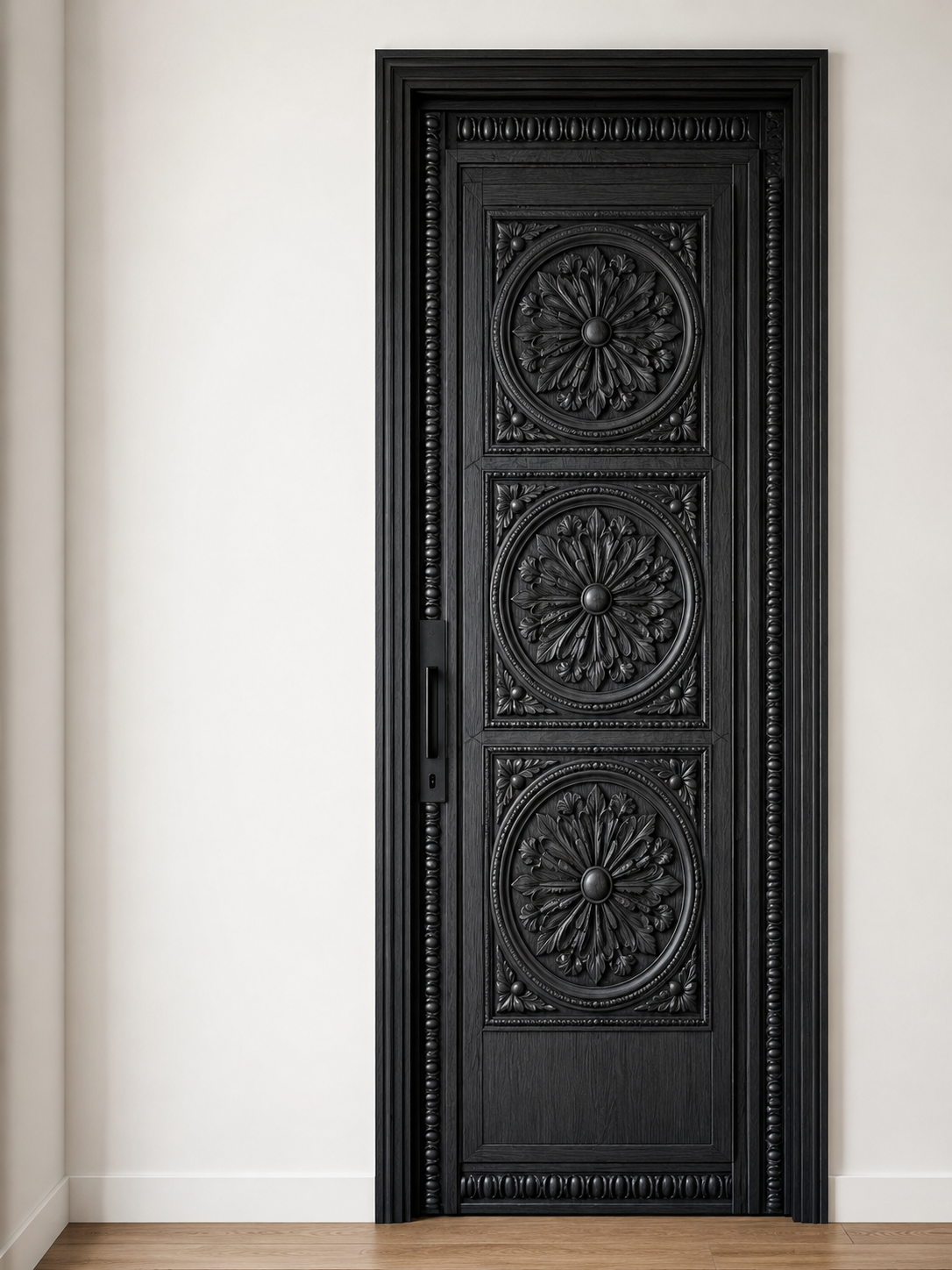 Black Hand-Carved Sliding Barn Door – Rustic Rosette Medallions – view 2