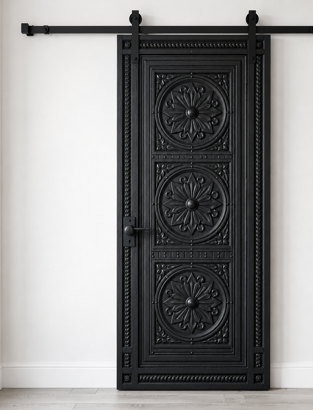 Black Hand-Carved Sliding Barn Door – Rustic Rosette Medallions – view 3