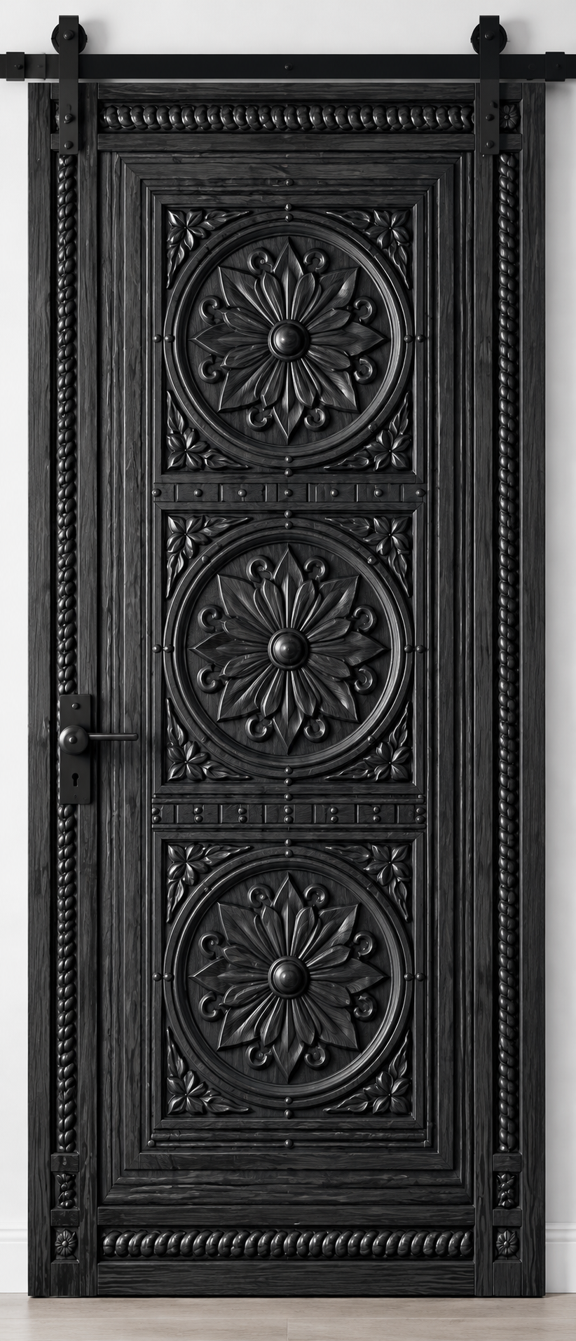 Black Hand-Carved Sliding Barn Door – Rustic Rosette Medallions