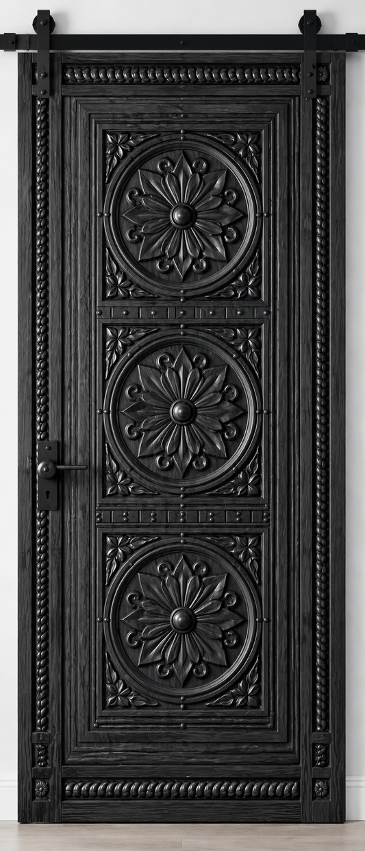 Black Hand-Carved Sliding Barn Door – Rustic Rosette Medallions