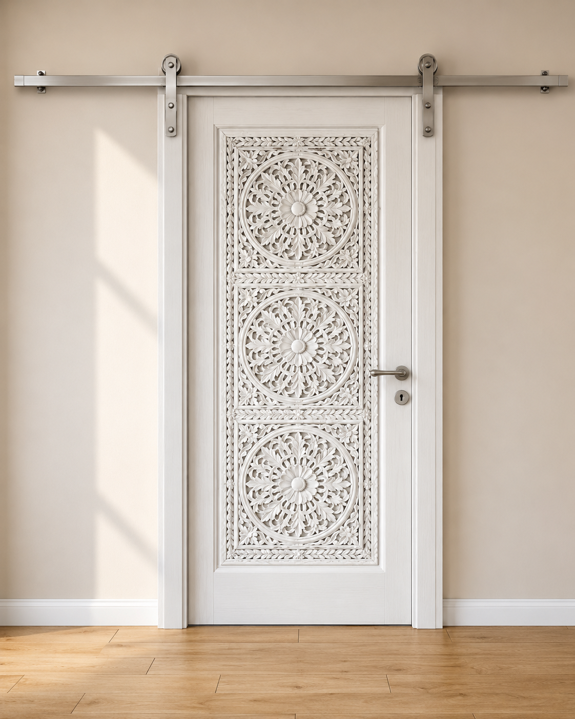 White Hand-Carved Sliding Barn Door – Elegant Floral Medallion