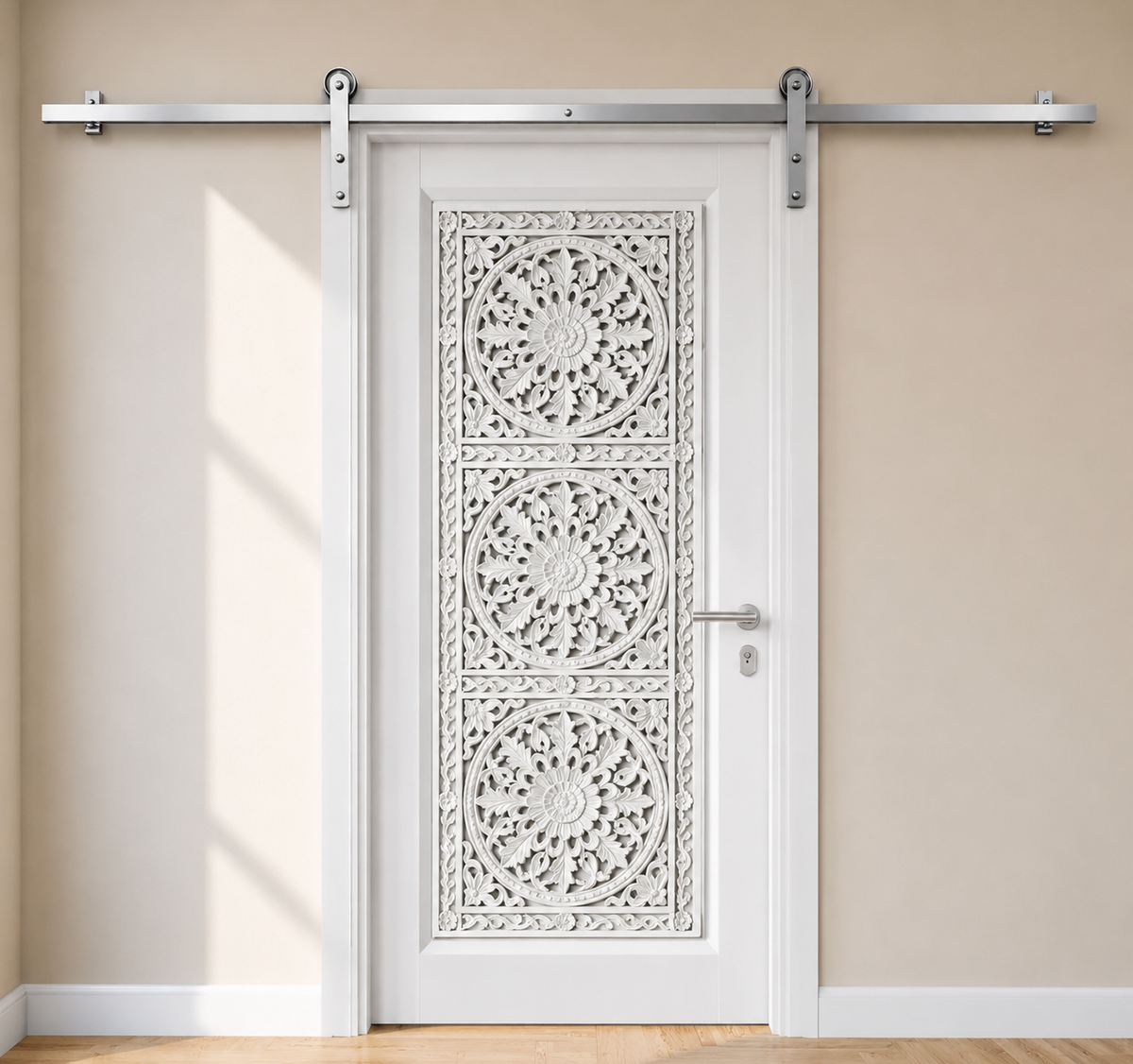 White Hand-Carved Sliding Barn Door – Elegant Floral Medallion – view 2