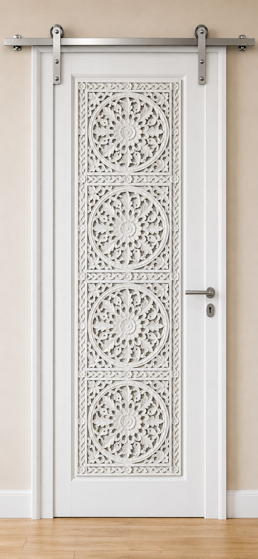 White Hand-Carved Sliding Barn Door – Elegant Floral Medallion – view 3